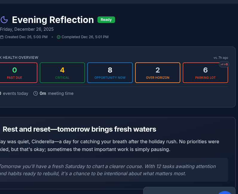 Task Health Dashboard - See your critical, opportunity, and parking lot tasks at a glance