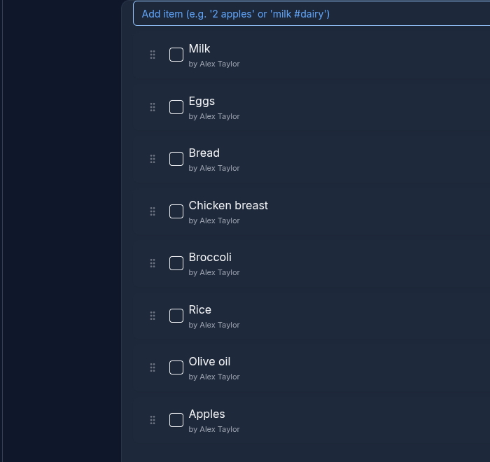 Grocery list page showing shared shopping list with items added by family members