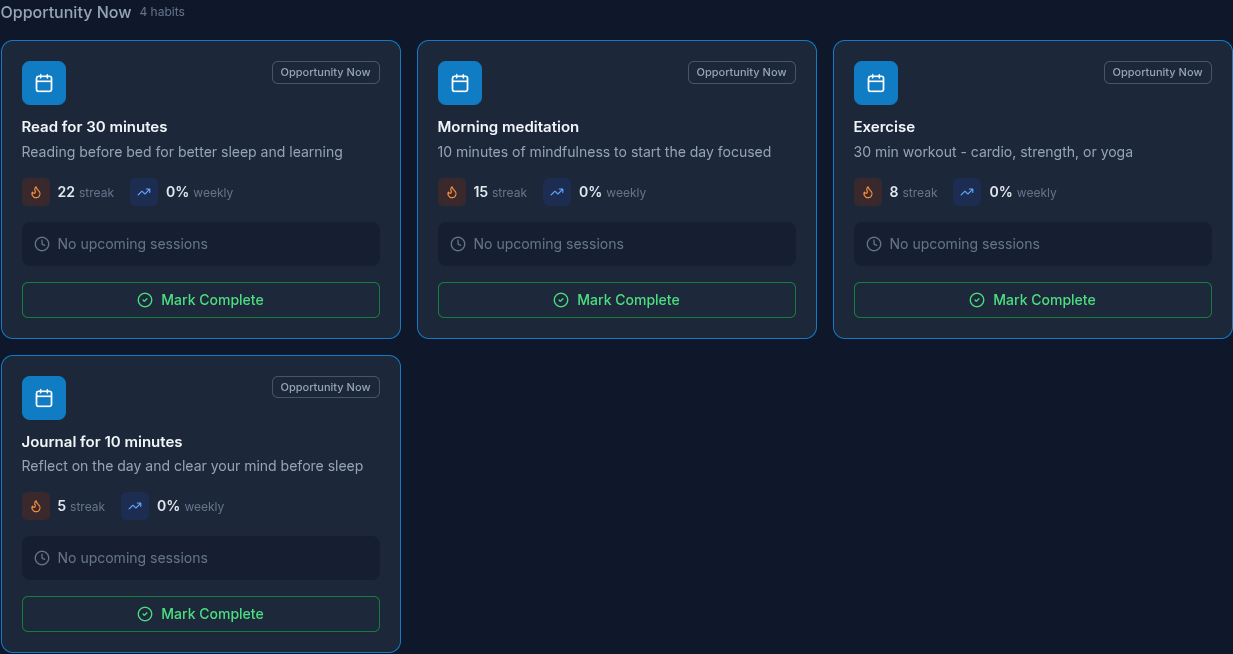 Habits page showing daily habits with streak tracking and completion status