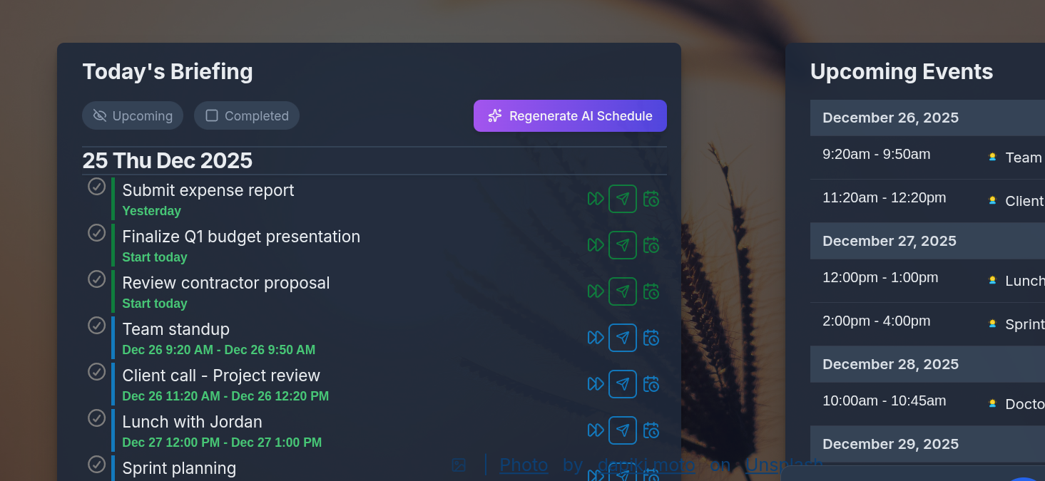 Mind Your Now - Today's Briefing showing smart task suggestions and upcoming schedule