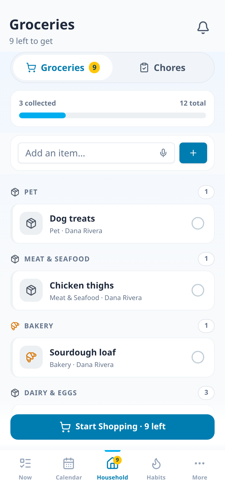 A shared grocery list showing who added each item